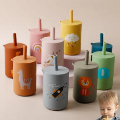 TYRY.HU 1Pc Baby Feeding Straw Cup Baby Cartoon Learning Feeding Cup Food Grade Silicone Toddler Water Bottle Tableware BPA Free