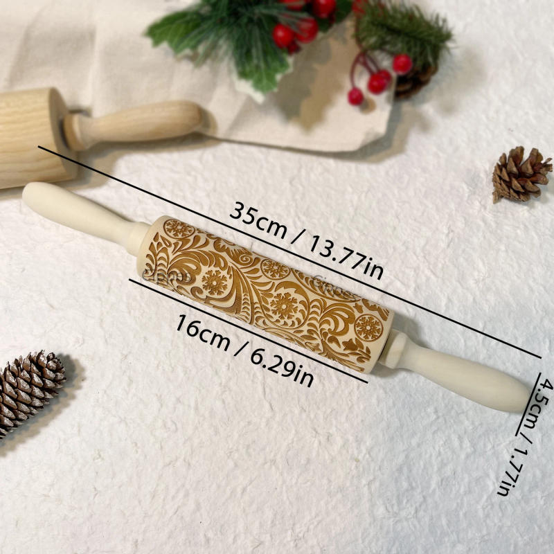 Description Picture 3 of itemWooden Rolling Pin for Christmas, 3D DIY Engraved Embossing Rolling Pins with Xmas Reindeer Flower Pattern, for Baking Cookies
