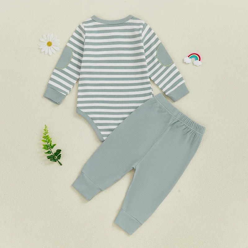 Description Picture 5 of itemBaby Autumn 2Pcs Pants Sets Long Sleeve O Neck Button Striped Romper Solid Color Pants Sets
