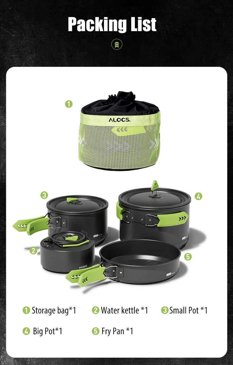 Description Picture 5 of itemAlocs CW-C65 Camping Cookware Pots Fry Pan Water Kettle Set Compact Mess Kit Gear For Backpacking Travel Picnic Aluminum Alloy