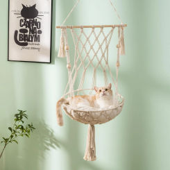 Mewoofun Handwoven Cat Swing Bed Cat Hammock Wall Hanging Window Perch with Washed Cotton Mat & Tassel Basket Tapestry