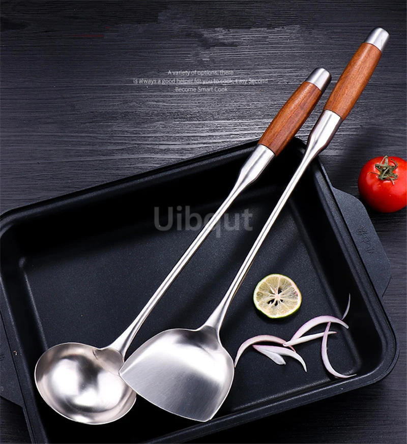 Description Picture 6 of itemLong Handle Soup Ladle Spoon Turner Stainless Steel Rosewood Spatula Sauces Spoon Kitchen Cooking Utensils Tool wood wok spatula