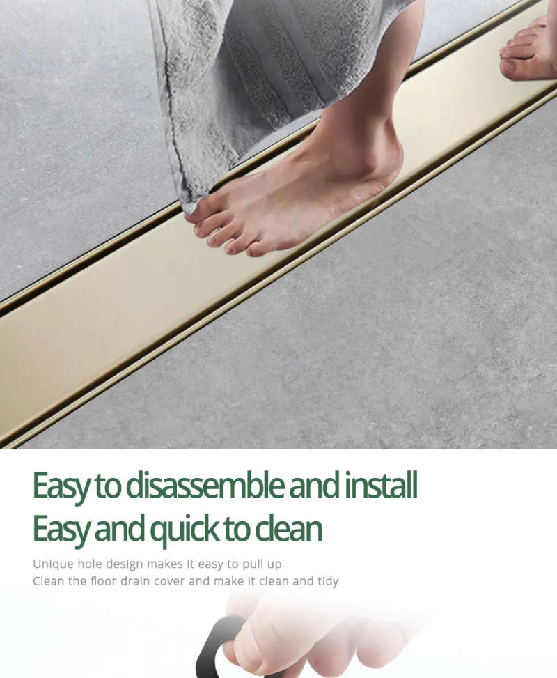 Description Picture 5 of itemBrushed Gold Floor Drain Linear Shower Drain Stainless Steel Tile Insert 60-90CM Deodorize rustproof Bathroom Accessories