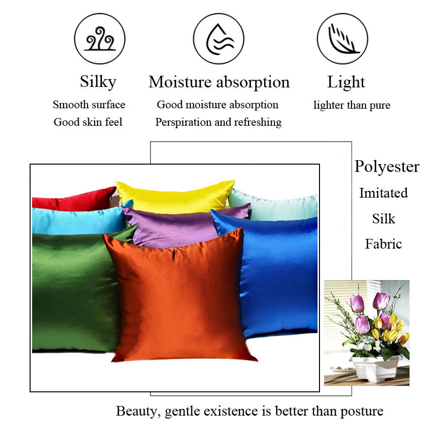 Description Picture 6 of itemImitated Silk Pillow Case 100% Satin Cushion Cover 50X50 Solid Pillowcase 60x60cm Home Decor for Sofa Chair 45x45 40X40 Smooth