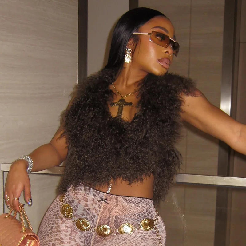 Description Picture 6 of itemANJAMANOR Fluffy Faux Fur Vest Sexy Lace Up Backless Halter Crop Top Spring 2025 Womens Sleeveless Tops Streetwear D85-DZ15