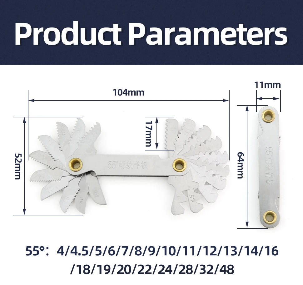 Description Picture 6 of item58PCS Thread Plug Gauge 55/60 Degree Metric Inch Gear Tooth Screw Pitch Gauges Measurement Steel Thread Gage Measuring Tools