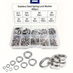 480pcs Stainless Steel Spring Lock Washers Metal O Rings Flat Gaskets Fastener Assortment Kit M2-M12 Elastic Open Spring Gaskets