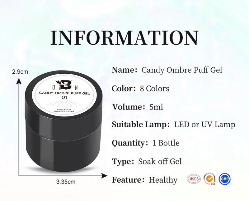 Description Picture 3 of itemBOZLIN 5ml Candy Ombre Puff Gel 8 Colors Spring Summer Pink Purple Paint Semi Permanent For Manicure Nail Art Gel Varnish