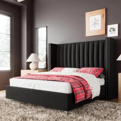 Queen Size Bed Frame Upholstered Platform Bed with Tall Headboard Wingback Velvet Vertical Channel Tufted Easy Assembly Black