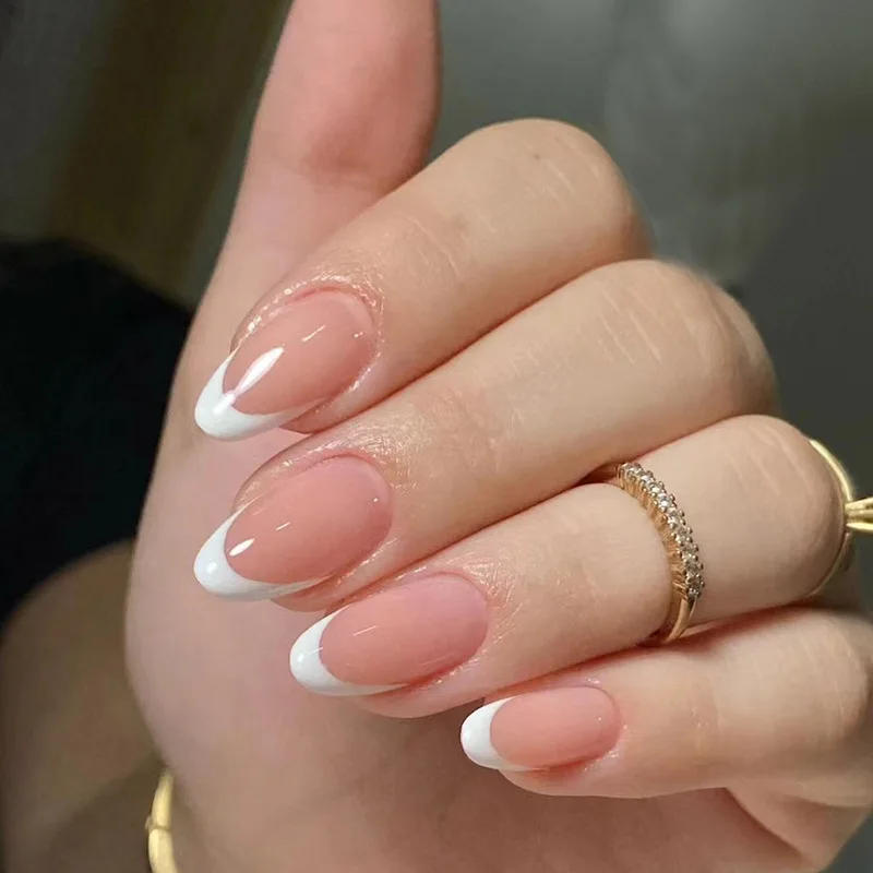 Description Picture 3 of item24Pcs Mid-length Stiletto Fake Nail with Jelly Glue Aurora Pure White Design Almond False Nails Wearable Oval Press on Nails