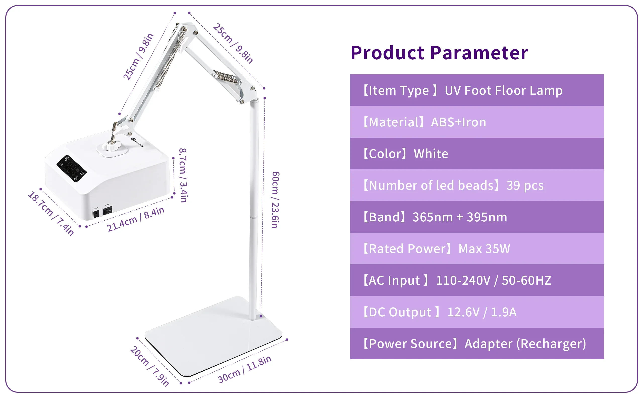 Description Picture 6 of itemNew LED high power foot UV curing light Foot nail beauty lamp Rechargeable gel paint drying light foot switch floor lamp.