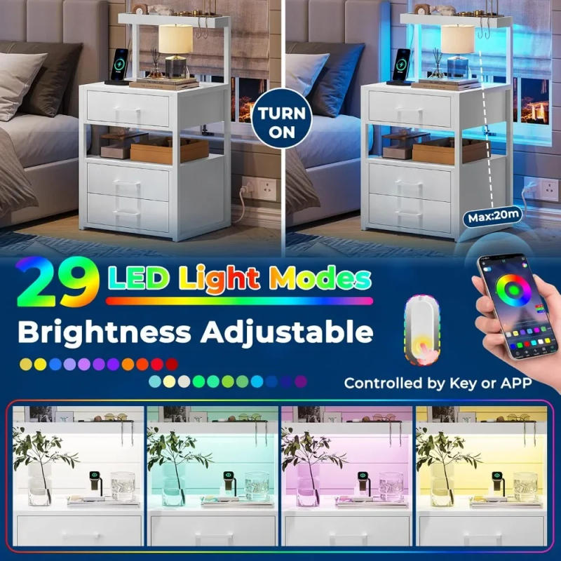Description Picture 3 of itemNightstand with Charging Station and LED Lights, LED Night Stand with 2 USB Ports and 2 AC Outlets, Modern End Table with 3 Draw