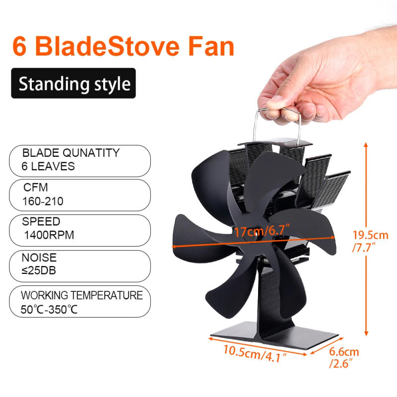 Description Picture 6 of item6 Blades Heat Powered Stove Fan Black Fireplace Fan Log Wood Burner Eco-fan Quiet Heater Home Efficient Heat Distribution
