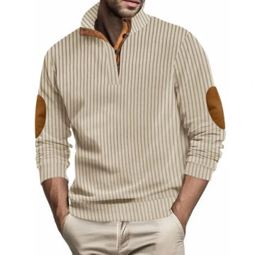 Solid Color Sweatshirt Lapel Collar Sweatshirt Men's Retro Stand Collar Sweatshirt with Stripe Patchwork Button Detail for Fall