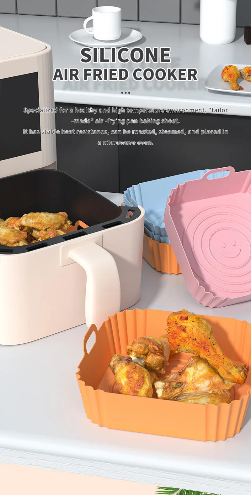 Description Picture 2 of item1Pcs Air Fryer Silicone Basket Silicone Mold Airfryer Oven Baking Tray Pizza Fried Chicken Basket Reusable Pan Liner Accessories