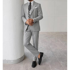 Single Breasted Peak Lapel Gray Men's Suits Slim Fit Business 3 Piece Jacket Pants Vest Sets High Quality Custom Made Full Sets