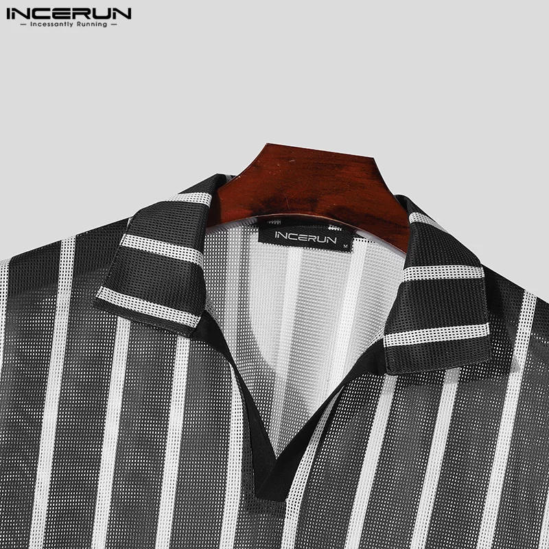 Description Picture 6 of itemINCERUN Tops 2024 Men Striped Mesh Shirts Casual Tee Chemise See-through Short Sleeve Lapel Blouse S-5XL Men Clothing Oversized