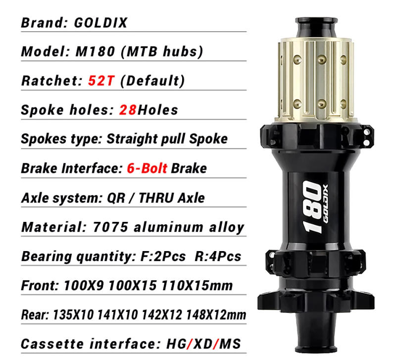 Description Picture 3 of itemGOLDIX M180 52T Ratchet Bicycle Hub 6-Bolt Disc Brake 28Hole Straight pull Spoke Sealed Bearing HG/XD/MS Hub body 142X12 148X12