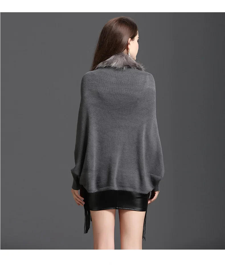 Description Picture 6 of item9 Colors Winter Autumn Knitted Long Sleeves Poncho Shawl Cloak Women Faux Fox Fur Loose Knitwear Tassel Cardigan Coat