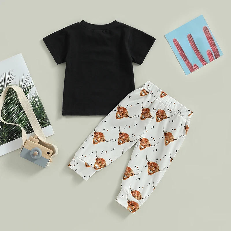 Description Picture 3 of itemBoys Girls Pants Suit Casual Street Party Short Sleeve Kids Tops Bull Print Long Pants