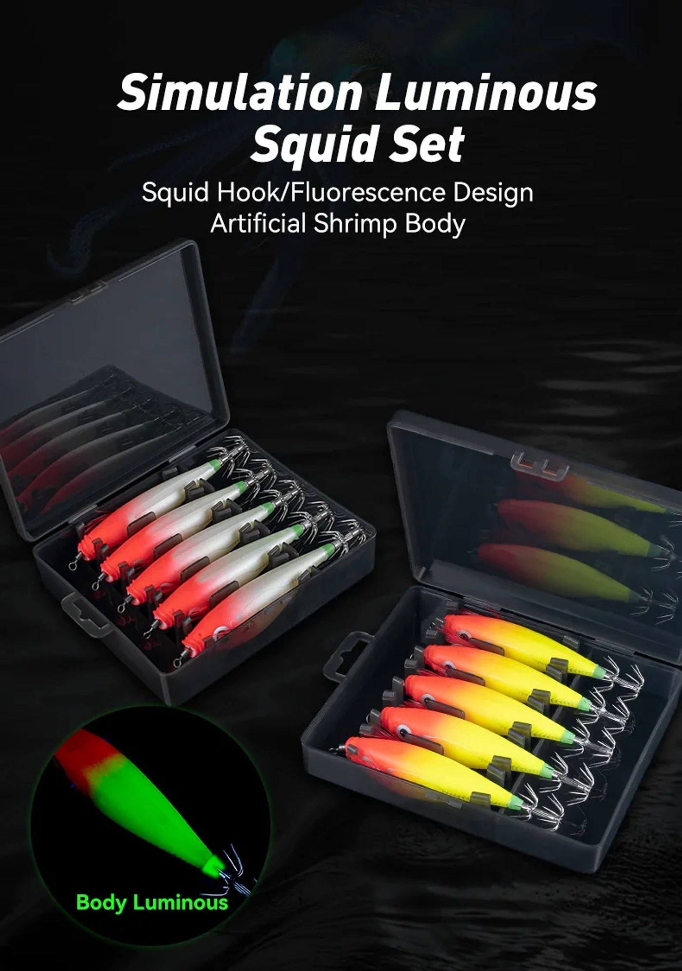Description Picture 2 of itemLEYDUN Luminous Horizontal Squid Jig Wood Shrimp Squid Hook 5pcs Fishing Lures Octopus Cuttlefish Shrimp Saltwater Baits