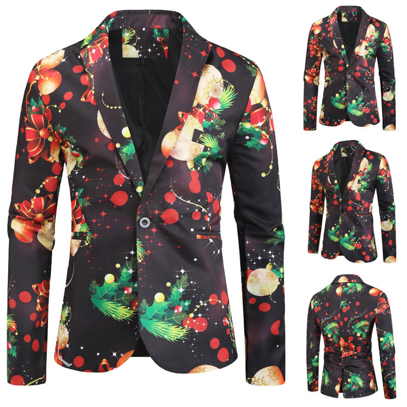 Description Picture 2 of itemMen's Christmas Suit Santa Printed Lapel Warm Winter Fashion Button Coat Blazer Long Sleeve Casual Loose Jacket Male Cardigan