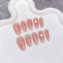 Handmade Pink Nails Set Press on Cute Korean Medium-length Artifical Nails Full Cover Nail Tips with Design Adhesive False Nails