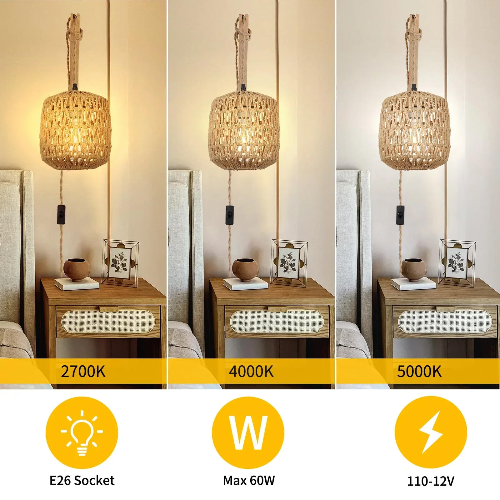 Description Picture 6 of itemBedside Wall Lamp American Hand-woven Paper Rope LEDLamp Indoor Entrance Bedside Lamp Button Switch Hemp Rope Chandelier bedroom
