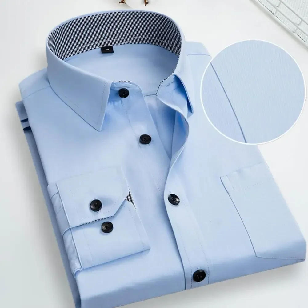 Description Picture 3 of itemBlack and White Patchwork Long Sleeve Shirt Men's Business Office Cotton Shirt Sky Blue Slim Fit