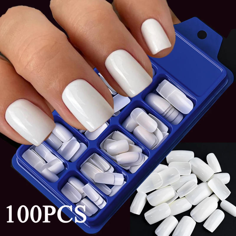 Description Picture 2 of item100pcs Milk White/Pink Square Short Round False Nails Full Cover Acrylic Fake Nails Smooth Reusable Press On Nails Fake Nails