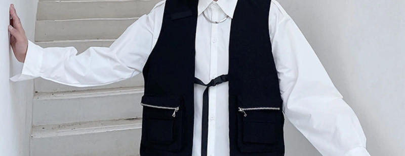 Description Picture 3 of itemPFNW Zipper Large Pockets Male Vest Tech Wear Solid Color New Trendy Simple Men's Waistcoat Stylish Men Clothing Spring 9C4089