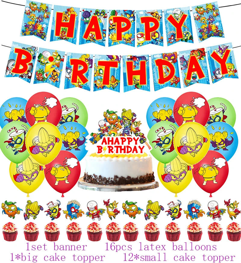 Description Picture 5 of itemNew Superthings Birthday Party Decoration Tableware Supplies Set Banner Cake Topper Balloon Backdrop for Kids Party Decoration