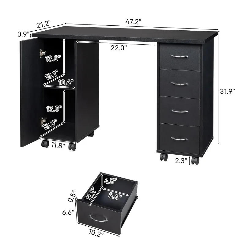 Description Picture 4 of itemRolling Nail Table Manicure Table Nail Desk Station, Beauty Salon Nail Station Desk Art Equipment with 4 Drawers
