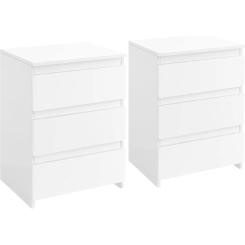 2PCS 3-Drawer Nightstands, White Bedside Tables with Storage Space, Modern Bedside Cabinet Units with Sturdy Base