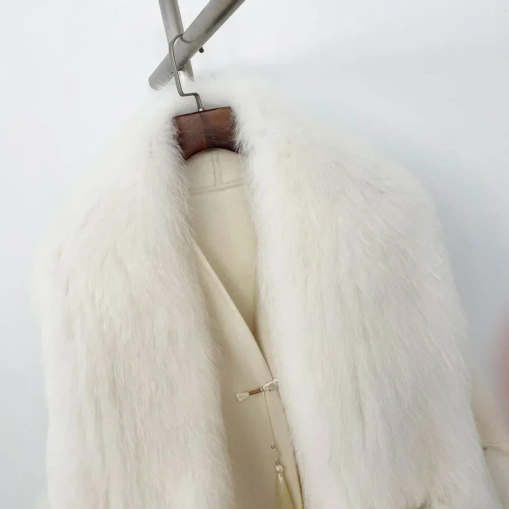Description Picture 6 of itemMENINA Autumn Winter Women Coat Real Natural Fox Fur V-neck Double-faced Woolen Blends Jacket Thick Warm Casual New Overwears