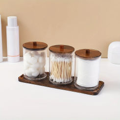3 Pack Swab/Ball/Pad Holder with Wooden Tray, Qtip Apothecary Jar, Clear Bathroom Containers Dispenser for Storage