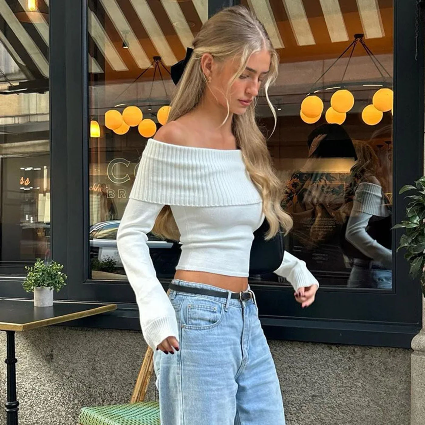 Description Picture 6 of itemSexy Tops Off Shoulder Long Sleeve Sweater Women's Autumn Winter 2024 New Elegant Knitted Slim Fit Short Skinny Pullover