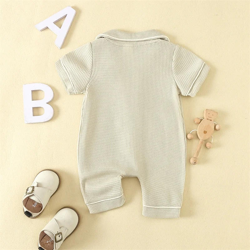 Description Picture 3 of item0-24months Baby Romper Pajama Lapel Neck Short Sleeve Trim Button Down Waffle Jumpsuit Infant Toddler Boys And Girls Sleepwear