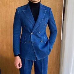 Oxford Fabric Men's Suits Slim Double Breasted Peak Lapel Formal Casual Comfort Suit Coat Pants Set Tailor-made Costume Homme