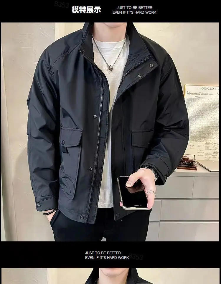 Description Picture 2 of itemSpring Autumn Stand Collar Workwear Jackets Fashion Casual Loose High Street Handsome Jacket Men Overcoat Male Clothes