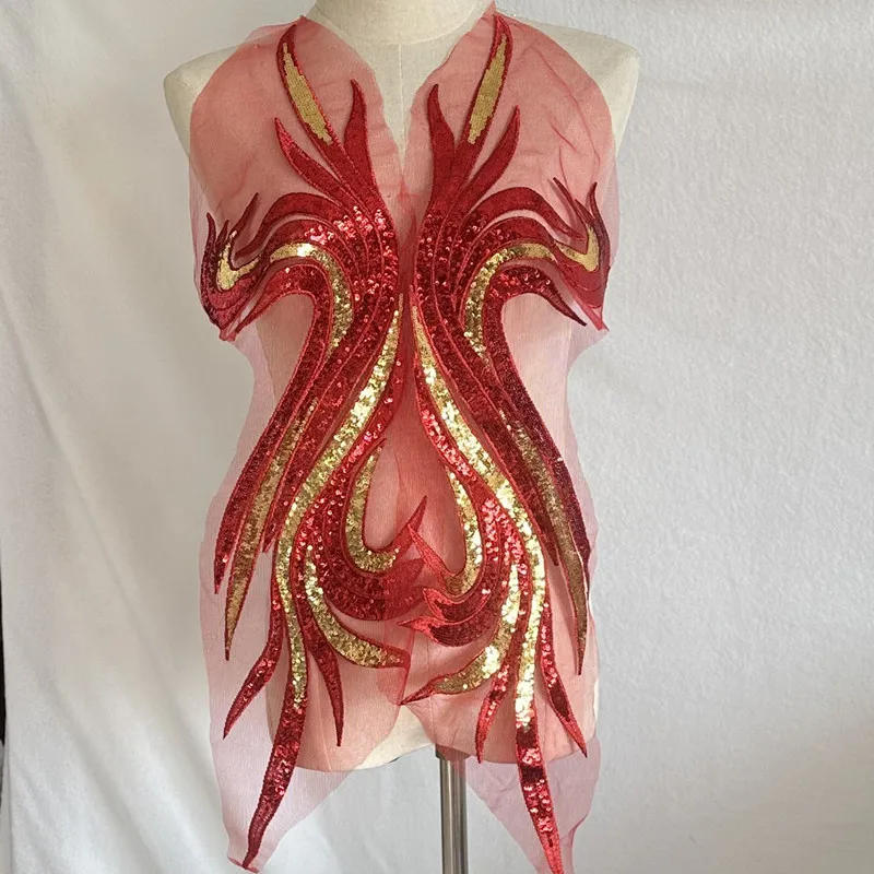 Description Picture 2 of item1Pcs Large Patch Gold Red Sequin Embroidery Applique Mesh Lace Fabrics Sewing On Dress Clothing Decora Accessroy DIY 72*20CM
