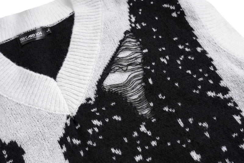 Description Picture 5 of itemBlack White Patchwork Tank Top Trendy Baggy Ripped Knitted Vest Sweater New Loose Lazy V-neck Knitted Sweaters for Men and Women