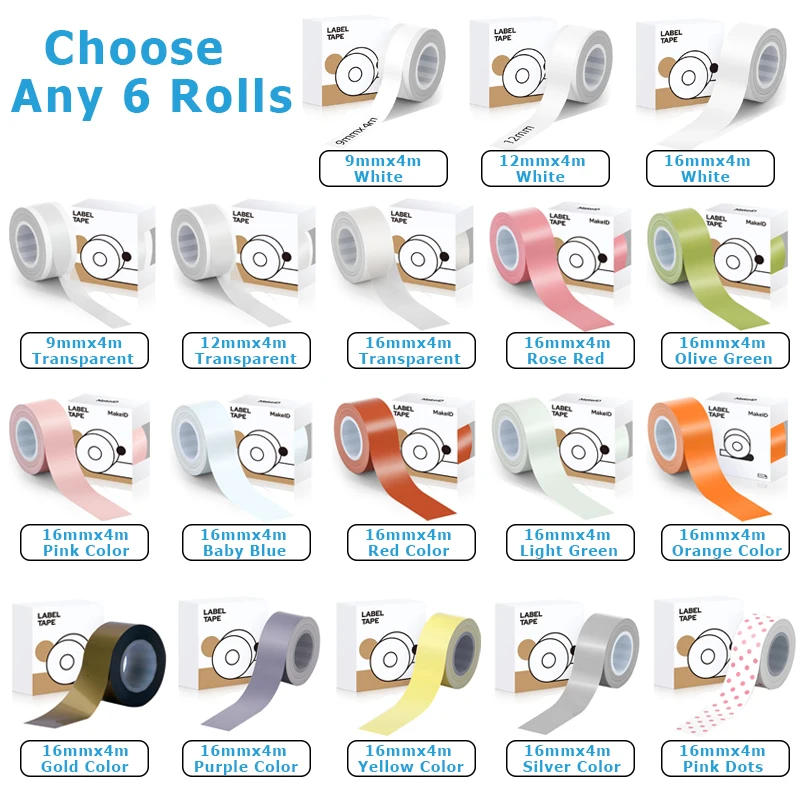 Description Picture 2 of item6Rolls MakeID L1 E1 Q1 Label Maker Tape 9mm 12mm 16mm (4meters/Roll) Laminated Office Sticker