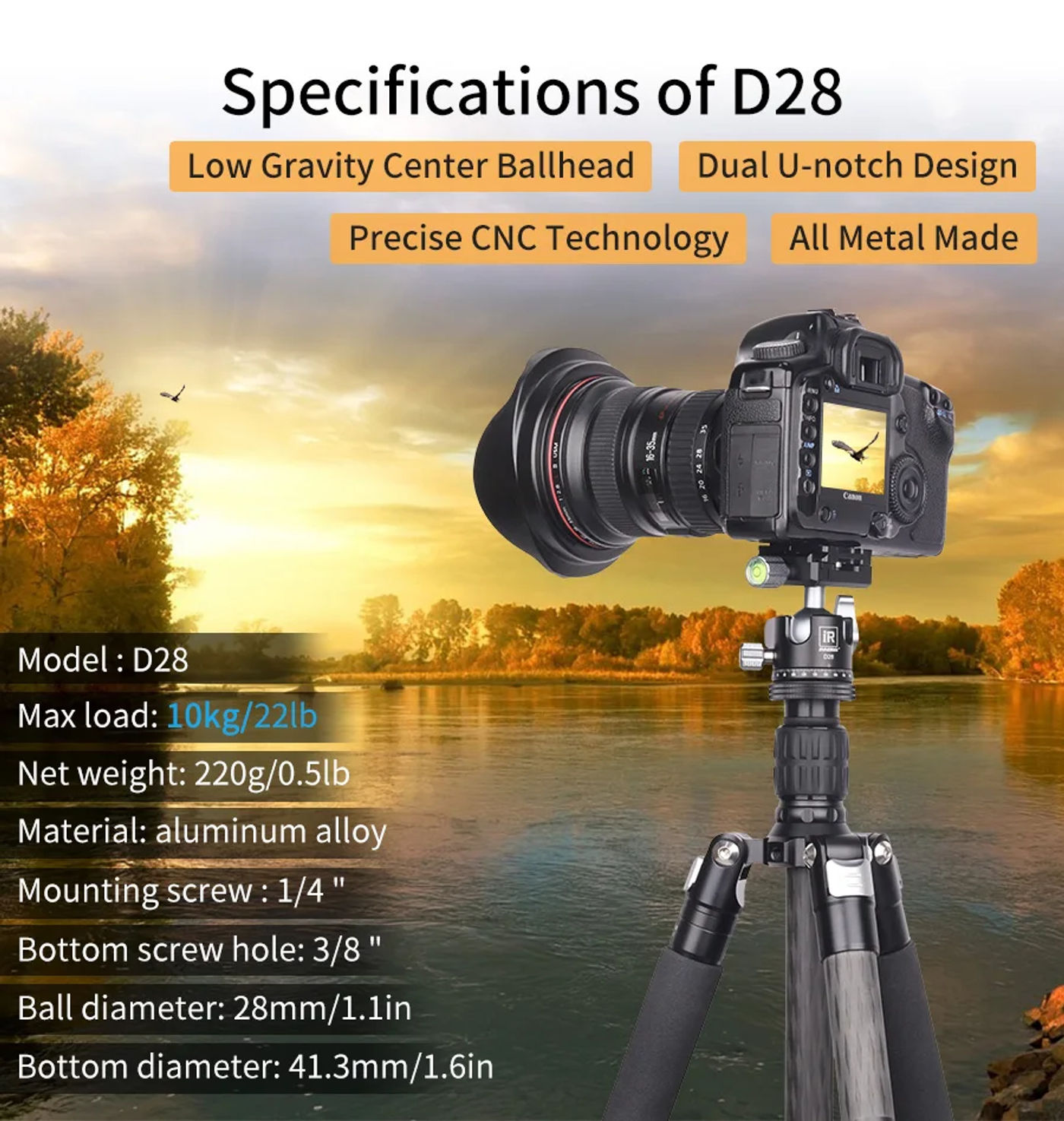 Description Picture 3 of item28/34mm Ball Head Dual U-notch Design Professional CNC 360°Panoramic Camera Tripod Head for Monopod,DSLR,Cameras,Camcorder,DV