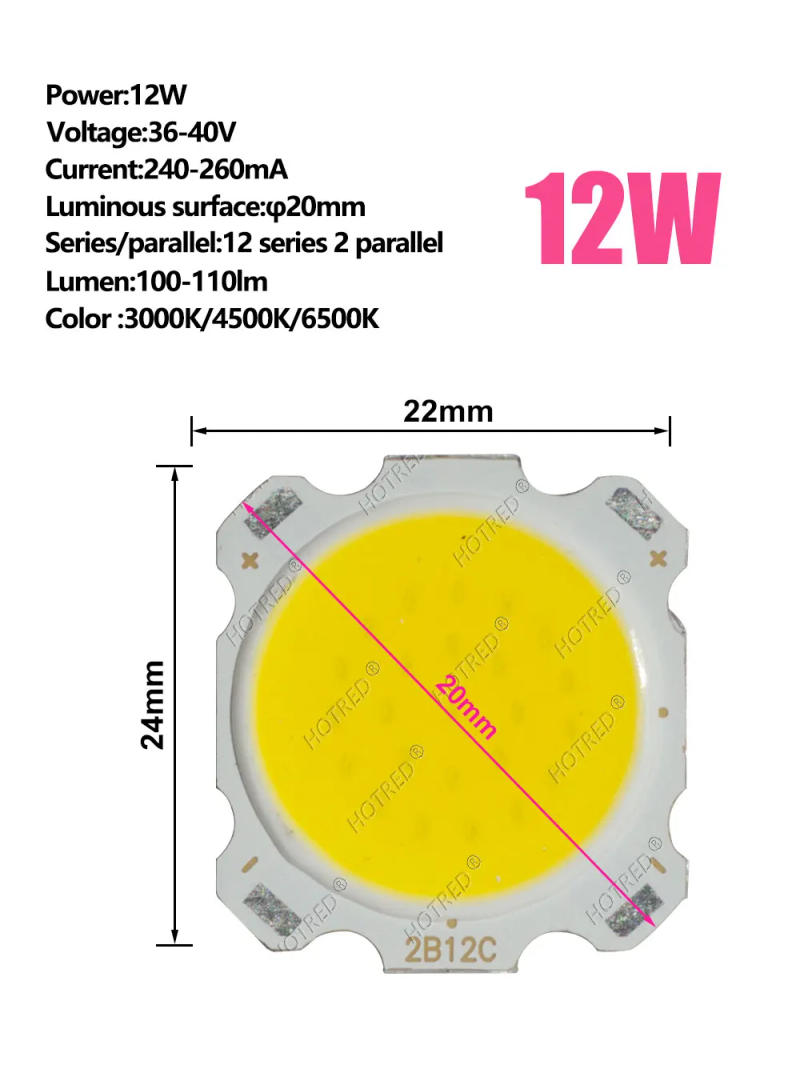 Description Picture 6 of item100pcs 28mm High Power LED Bead 20mm COB 3W/5W/7W/10W/12W/15W 6500K/4000K/3000K Bulb Chip Spotlight Downlight Diode Lamp DIY kit