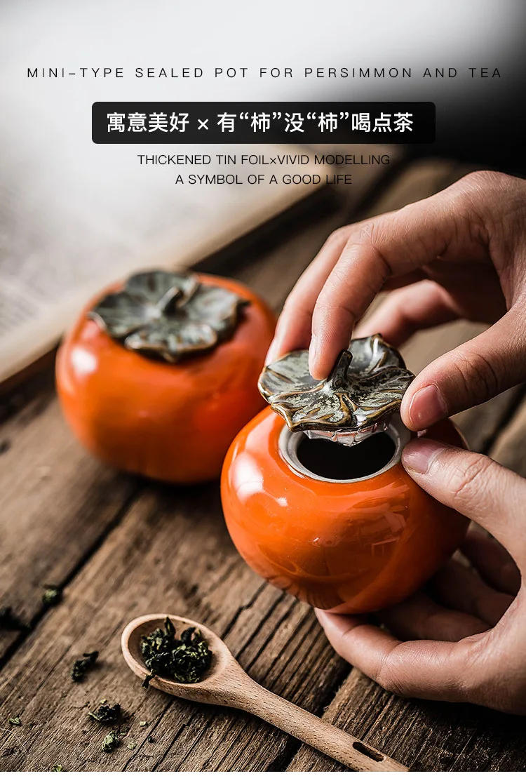 Description Picture 2 of itemTea Caddies Persimmon Tea Pot Household Ceramic Spice Storage Tank Pottery Jar Seasoning Container Small Storage Pot Ornament