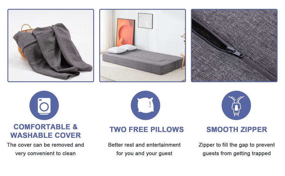 Description Picture 3 of itemFloor Sofa Bed, Fold Out Couch Bed with 2 Pillows & Washable Cover Convertible Sleeper Folding Sofa Bed Mattress for Living Room