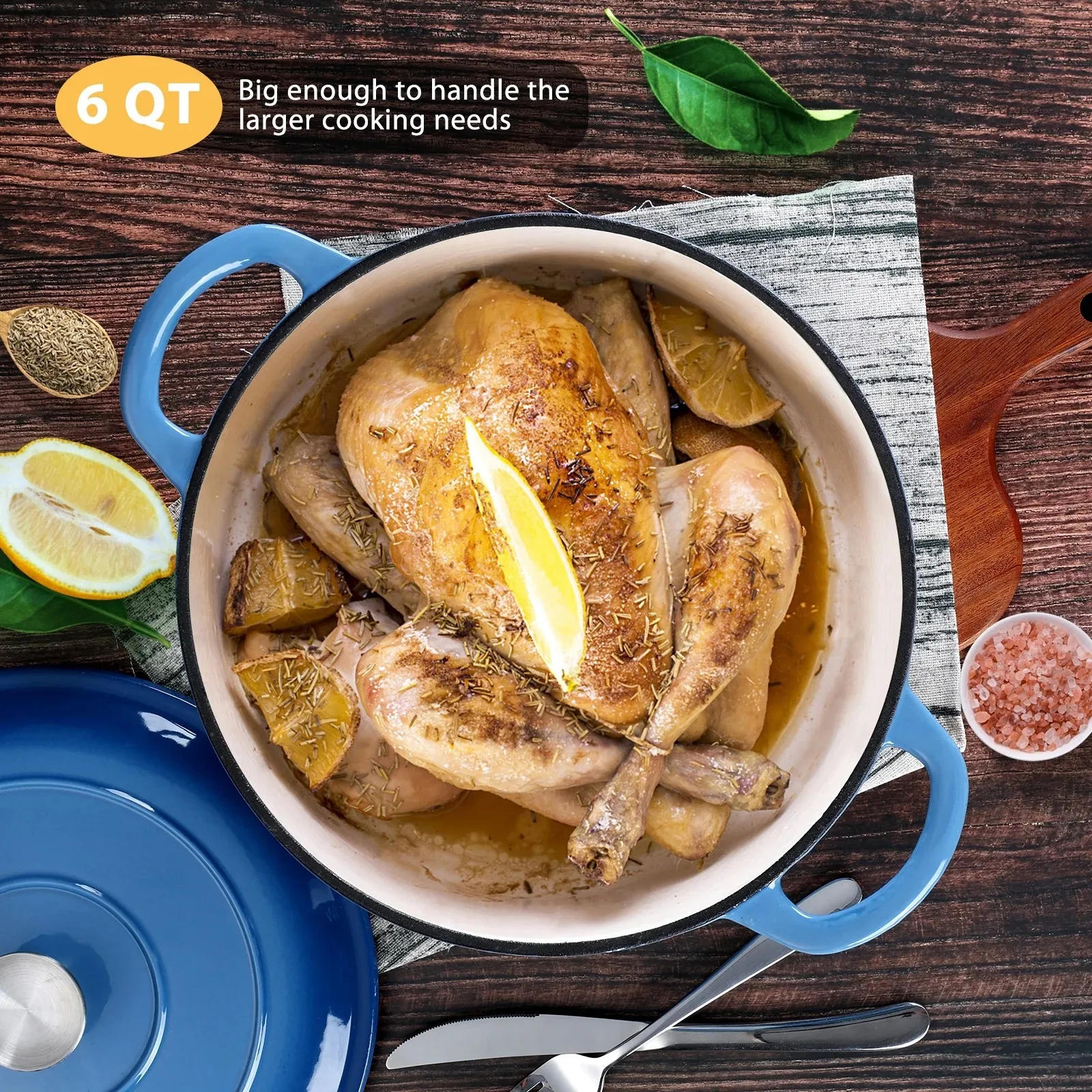Description Picture 6 of item6 Quart Enameled Cast Iron Dutch Oven with Lid, Round Dutch Oven Pot with Dual Handles for Bread Baking Stewing Roasting Blue