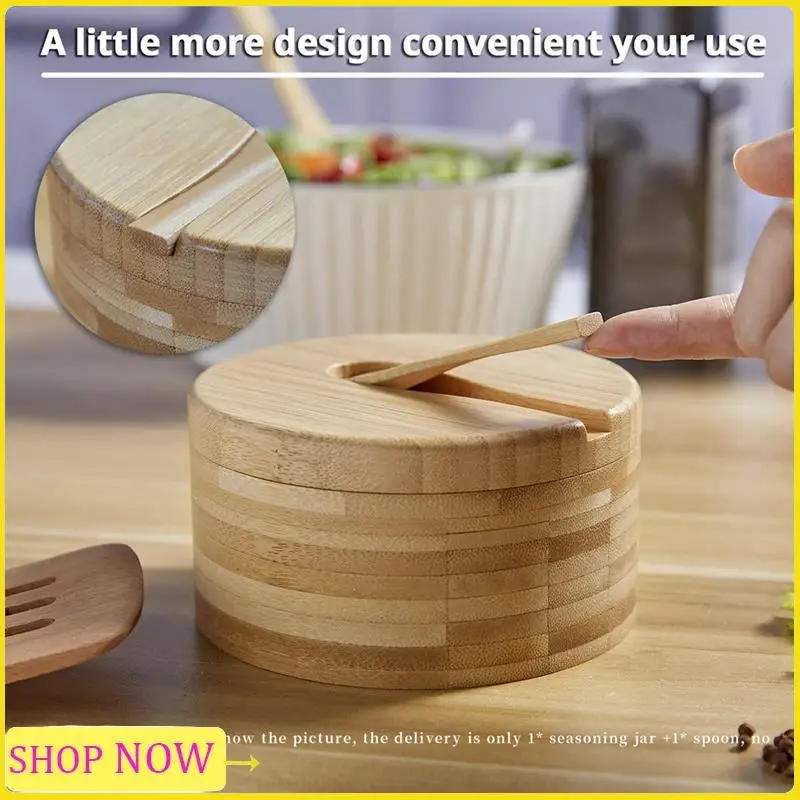 Description Picture 5 of item1Set Seasoning Box With Swivel Lid Bamboo Salt Cellar Wood Color Dual 6 Oz With Lid And Spoon