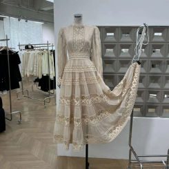 Luxury Long Sleeve Maxi Dresses Shirt Women Summer Autumn Prom Evening Party Vestidos Lace Embroidery Hollow Out Dress White